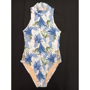 AXESEA Women's Blue Tropical Palm Print High Neck One Piece Swimsuit Size 6